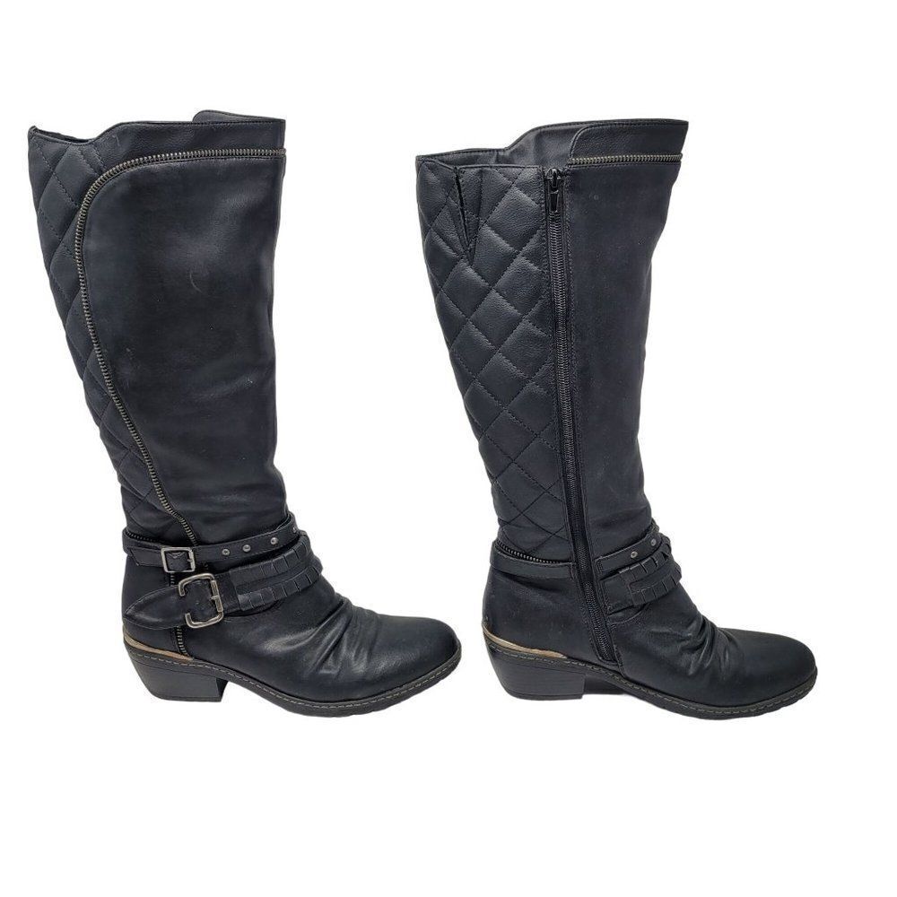 Rieker Vegan Leather Black Knee High‎ Zip Up Boots 40 Belted Buckle Quilted - Picture 6 of 12